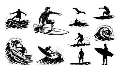 Set Bundle of Surfing Silhouettes Featuring Dynamic Wave Riders and Action-Packed Surfing Moments in Black and White Illustrations