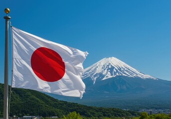 Waving Japanese Flag (Hinomaru) Symbolizing Land of Rising Sun Before the Iconic Snow-Capped Mount Fuji