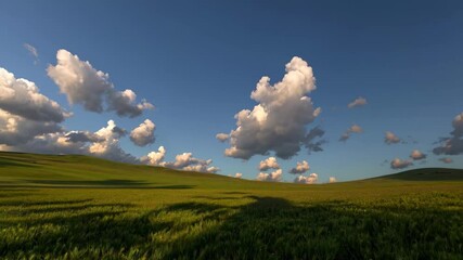 Idyllic countryside transformation: rolling hills and dynamic clouds in golden light