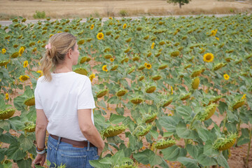 blonde woman wearing jeans and a white t-shirt walking through a field of sunflowers