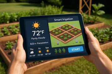 Man using tablet for smart irrigation system, viewing garden layout, weather forecast for smart farming and home automation.