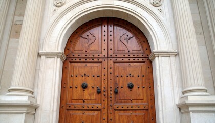 A detailed shot of a grand, wooden door under an arched stone doorway with elegant architectural details.