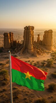 Waving Burkinab&eacute; Flag Symbolizing Upright Land Against the Unique Sandstone Formations of Sindou Peaks