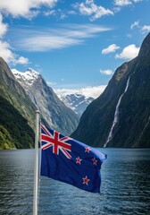 Waving New Zealand Flag Symbolizing Pacific Nation Over the Stunning Fjord Landscape of Milford Sound