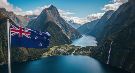 Waving New Zealand Flag Symbolizing Pacific Nation Over the Stunning Fjord Landscape of Milford Sound