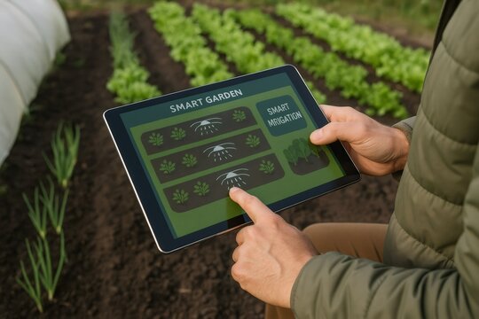 A man holding a tablet with a smart gardening application. Farmer using digital technology for automated irrigation system in smart farm.