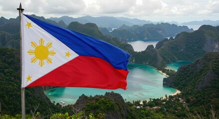 Waving Philippine Flag Symbolizing Archipelago Beauty Over the Stunning Lagoons and Cliffs of El Nido Palawan
