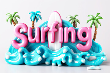 Text Surfing with surfboards, waves, palm trees on turquoise background in vibrant flat design