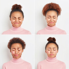 Emotive portrait of woman:  joyful laughter, intense crying, intrigued look, dreamy gaze in sectors