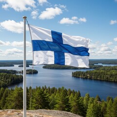 Waving Finnish Flag Symbolizing Land of Thousand Lakes Over the Serene Forested Finnish Lakeland