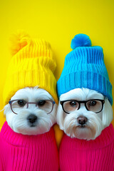 Adorable maltipoo puppies in colorful creative attire for birthday party ad. Creative animal concept