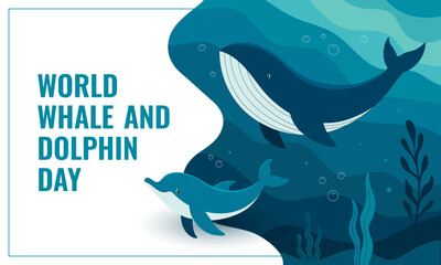 World Whale and Dolphin Day. Template for background, banner, greeting card, poster with text inscription, highlighting marine life and ocean conservation. Vector illustration.