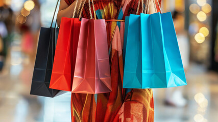 Unrecognizable woman shopping in boutique during Wife Holiday Consumerism, she holding fashion bags