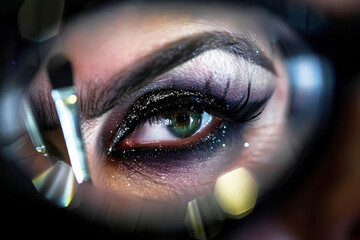 Portrait of a gay male drag queen applying makeup in mirror for a captivating transformation