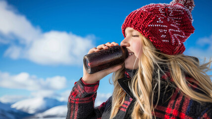 Young girl in cozy outfit and hat sips energy drink from brightly packaged bottle under blue sky