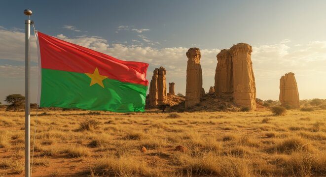 Waving Burkinab&eacute; Flag Symbolizing Upright Land Against the Unique Sandstone Formations of Sindou Peaks