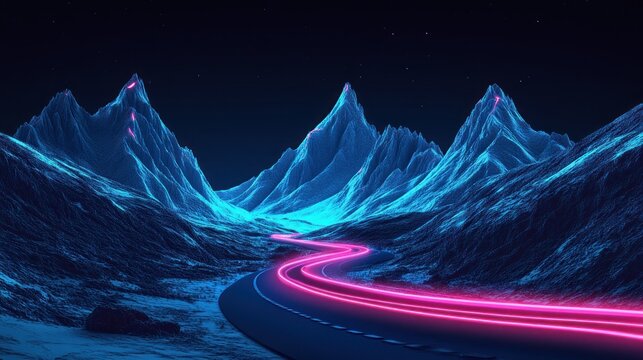Neon highway winding through a stylized, vibrant mountain range at night