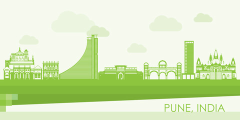 Green Skyline panorama of city of Pune, India - vector illustration