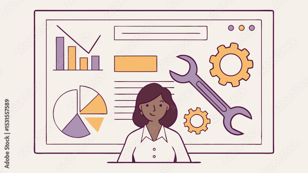 Poster illustration of a woman in front of a dashboard with charts and a wrench and gears displayed on it