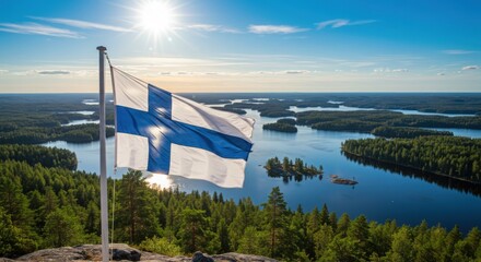 Waving Finnish Flag Symbolizing Land of Thousand Lakes Over the Serene Forested Finnish Lakeland
