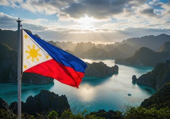 Waving Philippine Flag Symbolizing Archipelago Beauty Over the Stunning Lagoons and Cliffs of El Nido Palawan