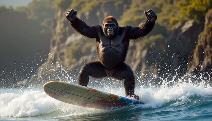 Gorilla surfing on ocean wave with joyful expression and raised fists. Humorous action fantasy concept