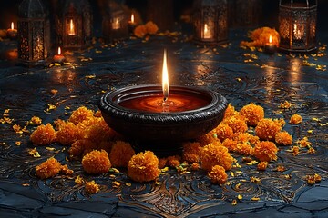 Oil lamp radiating warmth on rangoli high resolution picture
