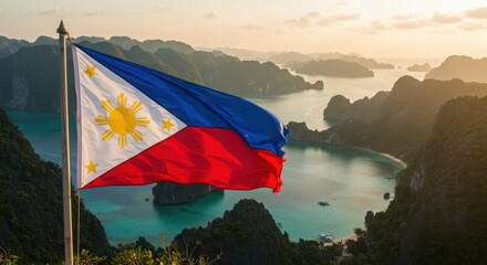 Waving Philippine Flag Symbolizing Archipelago Beauty Over the Stunning Lagoons and Cliffs of El Nido Palawan