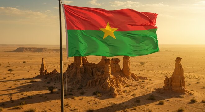 Waving Burkinab&eacute; Flag Symbolizing Upright Land Against the Unique Sandstone Formations of Sindou Peaks