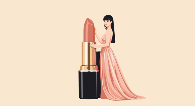 Woman in Elegant Dress Holding Lipstick in Glamorous Setting for Beauty Blogs, Fashion Websites, Makeup Tutorials, Personal Style Guides, and Social Media Content