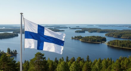 Waving Finnish Flag Symbolizing Land of Thousand Lakes Over the Serene Forested Finnish Lakeland