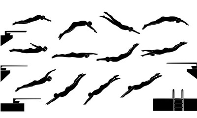 Stylized Black and White Silhouette Illustrations of Divers in Various Positions Capturing the Art of Diving from Springboards and Platforms
