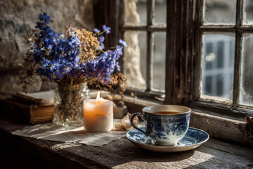 Vintage teacup with candle and wildflowers on rustic windowsill