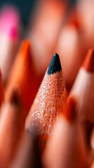 Closeup of sparkly black pencil with natural wood pencils
