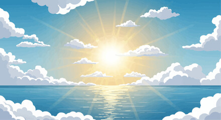 Flat vector art of sunrise over the ocean with blue sky and clouds  