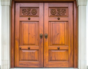 A close-up of a beautiful wooden door with intricate carvings and decorative hardware. This door has a classic, elegant design.