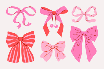 Cute pink ribbon bow set. Trendy hair braiding accessory. Perfect for festive packaging and birthday designs, greeting cards. Hand drawn vector illustration.