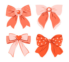 Cute pink and red ribbon bow collection. Trendy hair braiding accessory. Perfect for festive packaging and birthday designs, greeting cards. Hand drawn vector illustration.