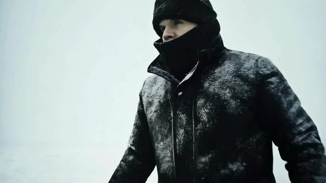Lone person trudging through a fierce snowstorm against a blizzard backdrop