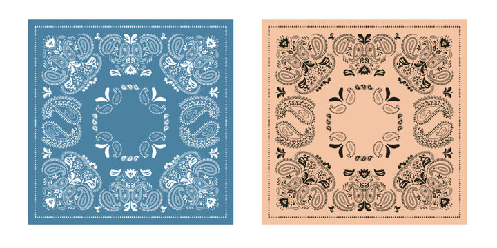 Set of western bandanas. Paisley pattern for scarves, fabric, and textile backgrounds. Retro bandana prints in blue and red tones, featuring ethnic ornaments and abstract swirls.