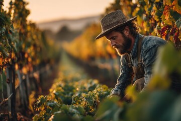 Vineyard Worker Examining Grapes at Sunset, Agricultural Expertise in Wine Country, Grape Harvesting Process, Agriculture Industry Professional