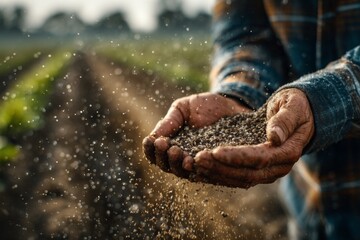 Farmer's weathered hands holding fertilizer over an agricultural field, preparing for planting, demonstrating sustainable agriculture techniques