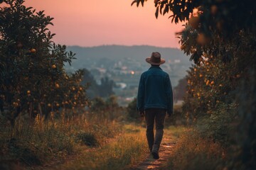 Rear view of individual strolling down trail amidst orchard trees during golden sunset hour, showcasing peaceful rural landscape