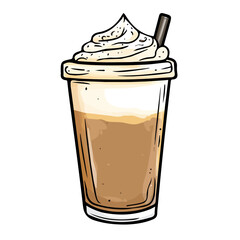 Coffee Frappuccino Doodle 2D flat vector illustration, isolated on a white background.