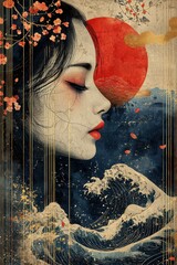 Elegant art featuring a woman with ocean waves and red accent details