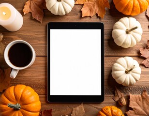 Tablet on Halloween Decorated Table Mockup