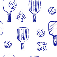 Pickleball, seamless pattern, vector doodle hand drawn sketch, monochrome illustration