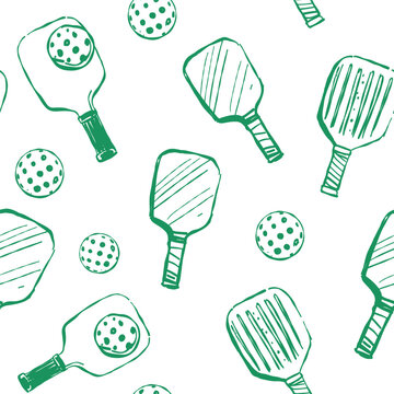 Pickleball, seamless pattern, vector doodle hand drawn sketch, monochrome illustration