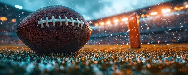 Close-up of an American football on a glowing stadium field at sunset