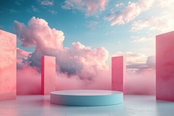 Pink and blue podium with clouds in a dreamlike abstract scene